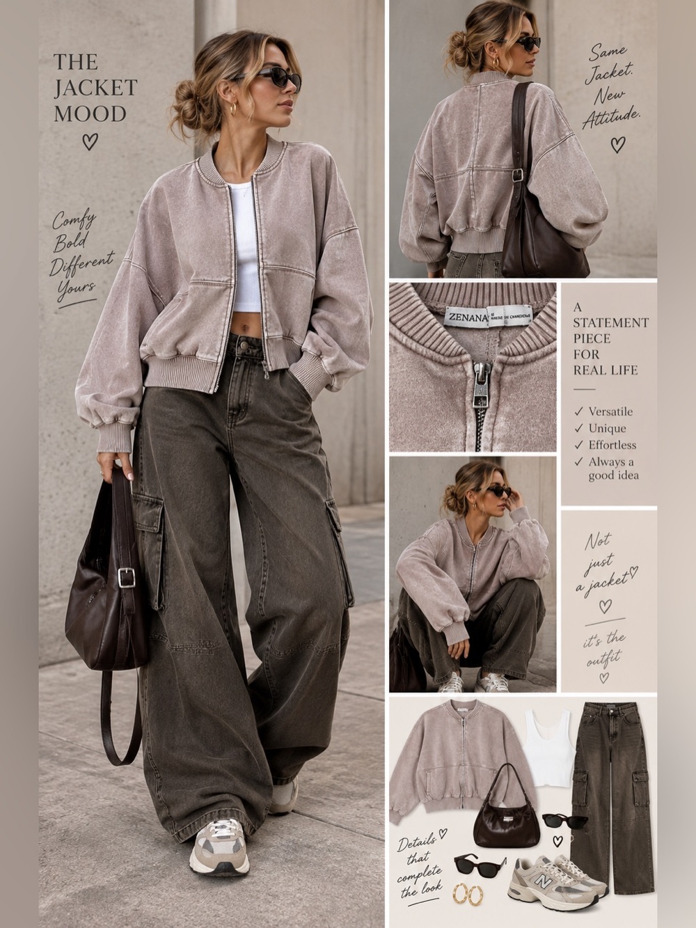 Zenana Acid Washed Fleece Bomber Jacket Women’s Ash Mocha